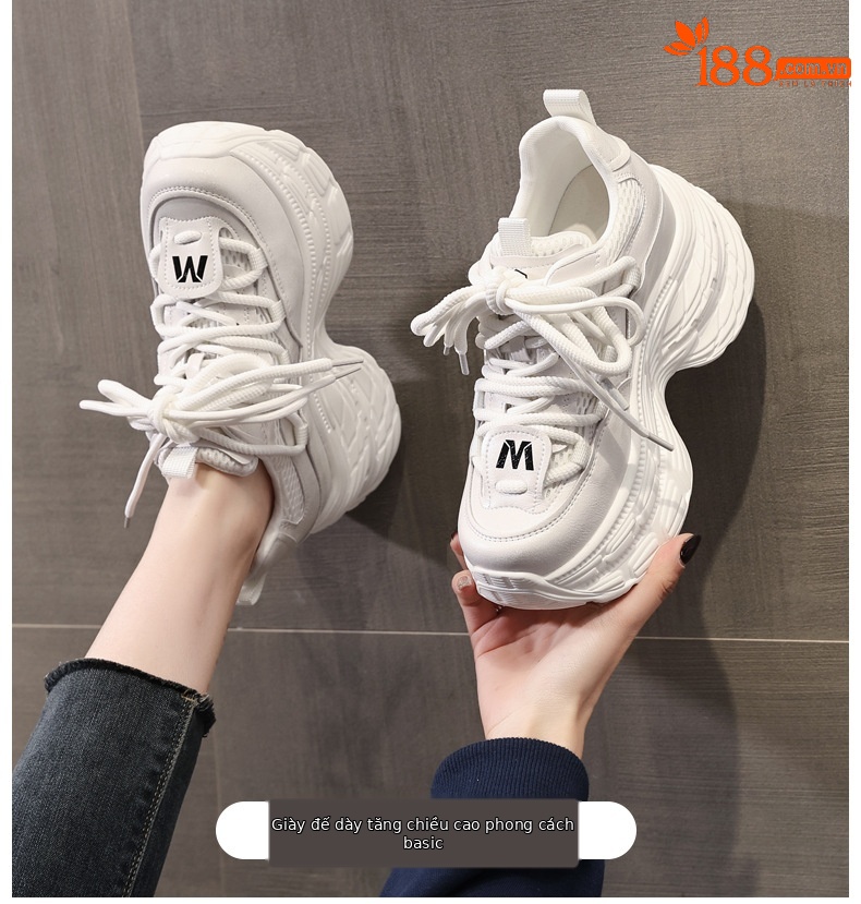 Giày sneaker nữ đế dày tăng chiều cao, mặt lưới thoáng khí, phong cách bánh xốp — Màu be chi tiết 1