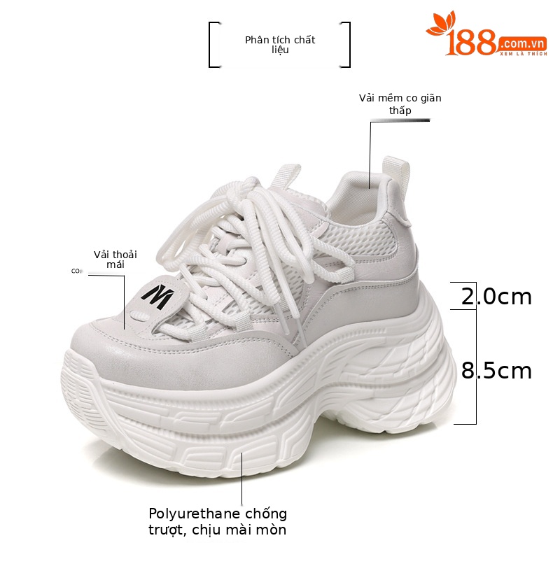 Giày sneaker nữ đế dày tăng chiều cao, mặt lưới thoáng khí, phong cách bánh xốp — Màu be chi tiết 3