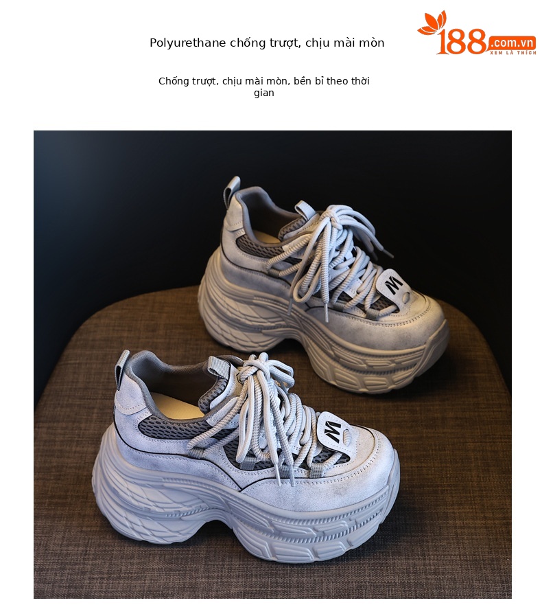 Giày sneaker nữ đế dày tăng chiều cao, mặt lưới thoáng khí, phong cách bánh xốp — Màu be chi tiết 10
