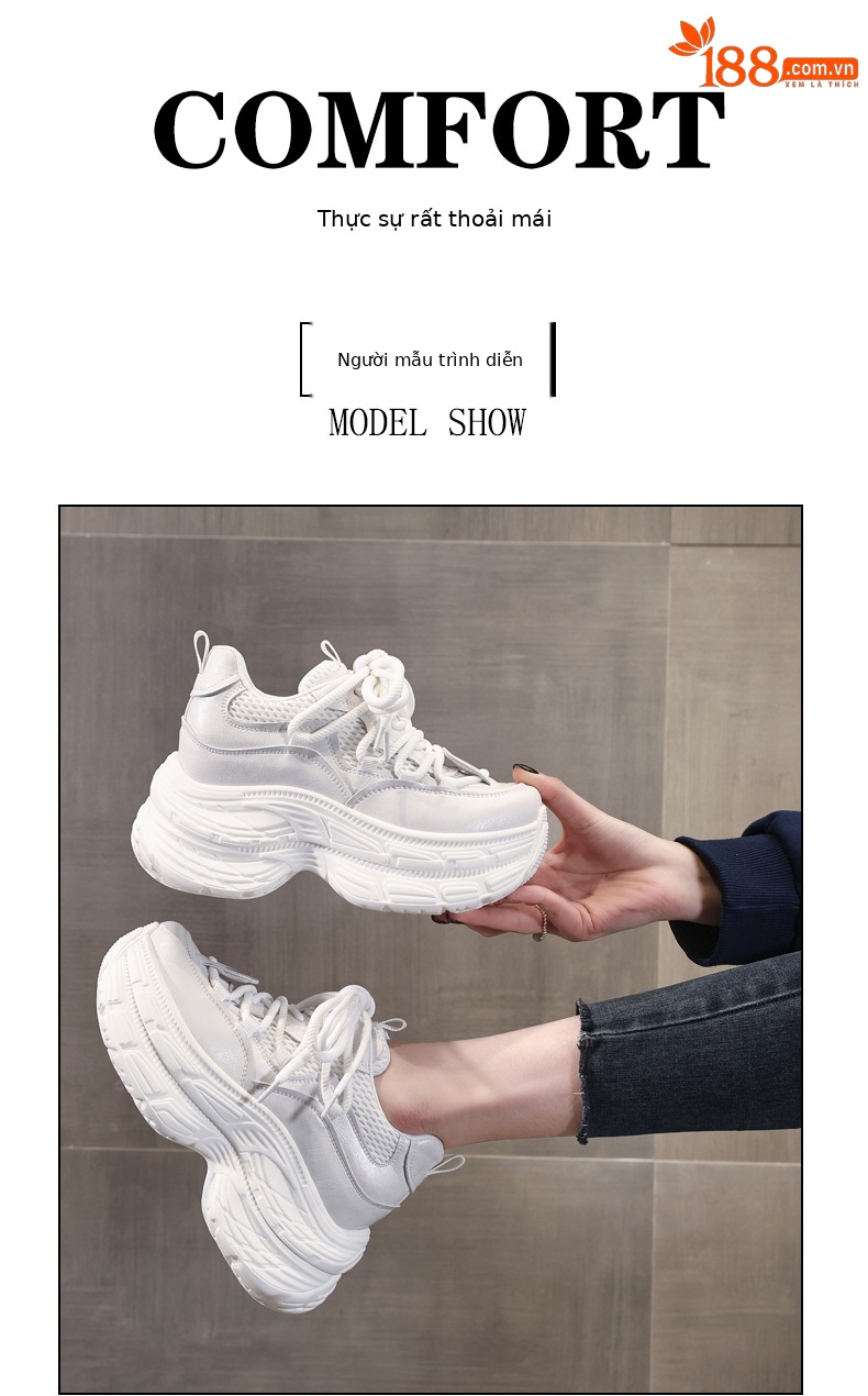 Giày sneaker nữ đế dày tăng chiều cao, mặt lưới thoáng khí, phong cách bánh xốp — Màu be chi tiết 11