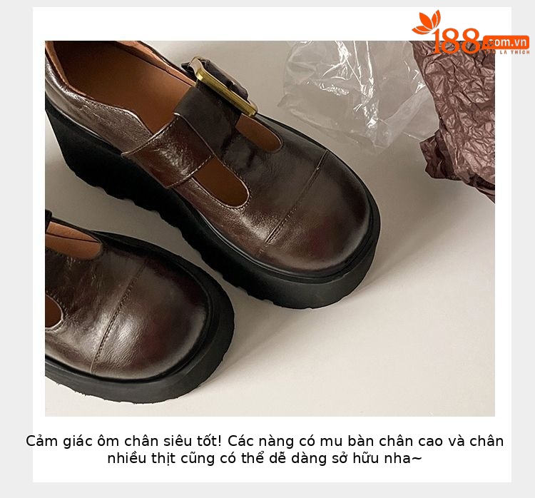 Giày da nữ mũi tròn miệng sâu đế xuồng cao gót dày khóa thắt lưng phong cách cổ điển — Màu nâu, Màu đen chi tiết 7
