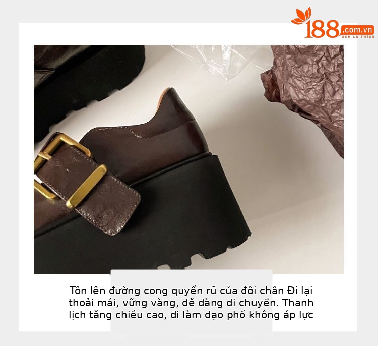 Giày da nữ mũi tròn miệng sâu đế xuồng cao gót dày khóa thắt lưng phong cách cổ điển — Màu nâu, Màu đen chi tiết 9