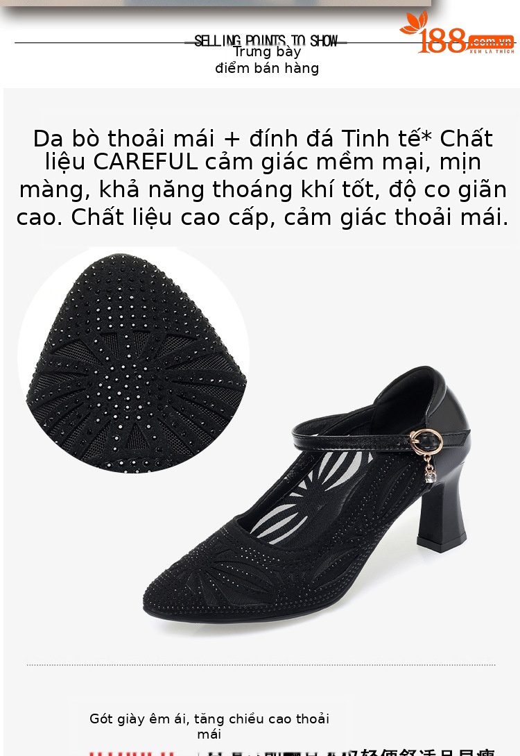 Sandal cao gót nữ hở mũi da lưới thoáng khí, gót vuông ổn định — Màu be chi tiết 10