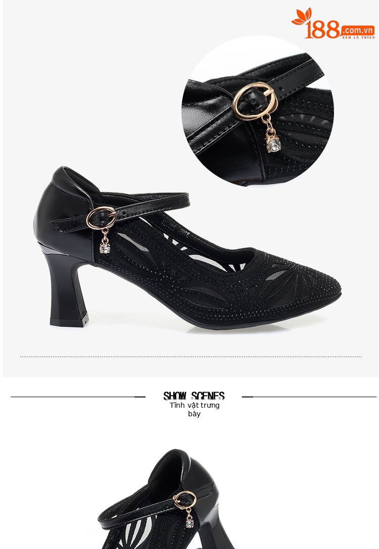 Sandal cao gót nữ hở mũi da lưới thoáng khí, gót vuông ổn định — Màu be chi tiết 13