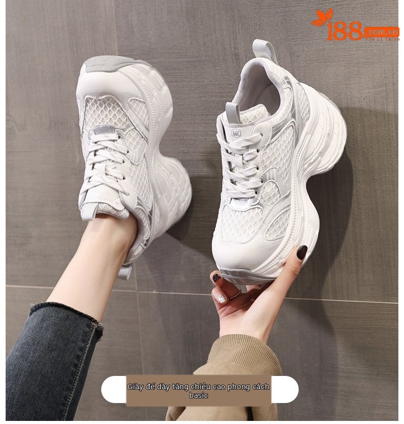 Giày sneaker nữ chunky đế dày lưới thoáng khí, đế bánh xốp mềm, tăng chiều cao nhẹ — Màu xám trắng chi tiết 1