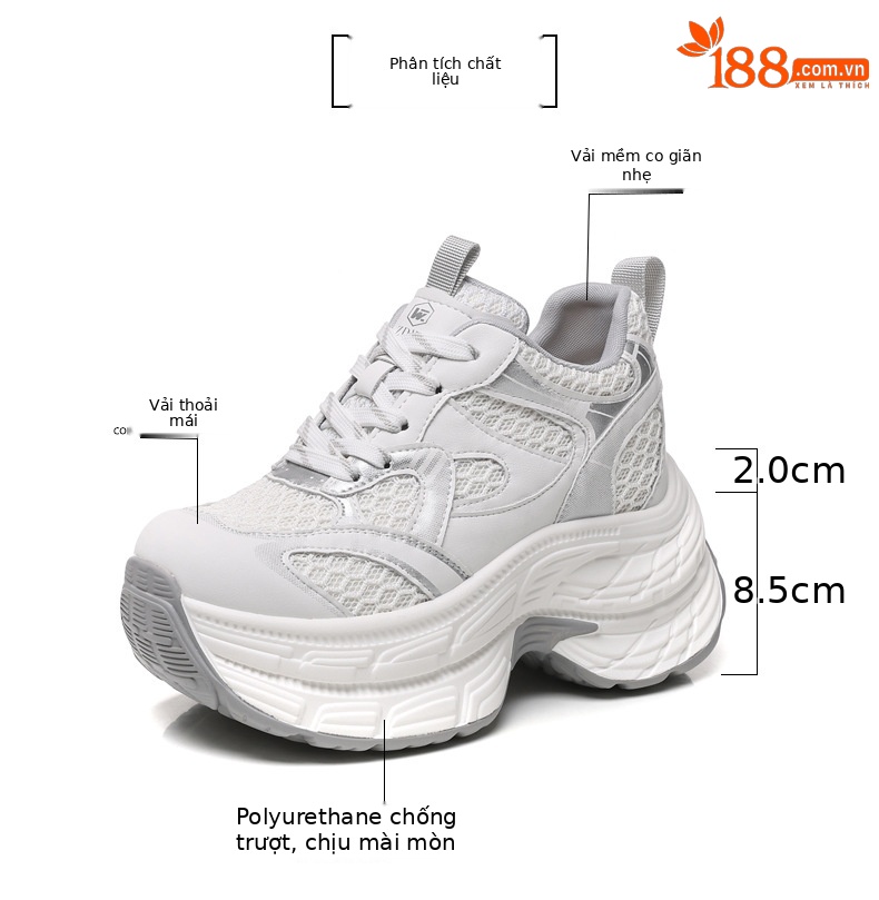 Giày sneaker nữ chunky đế dày lưới thoáng khí, đế bánh xốp mềm, tăng chiều cao nhẹ — Màu xám trắng chi tiết 3
