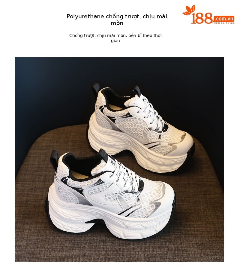 Giày sneaker nữ chunky đế dày lưới thoáng khí, đế bánh xốp mềm, tăng chiều cao nhẹ — Màu xám trắng chi tiết 10