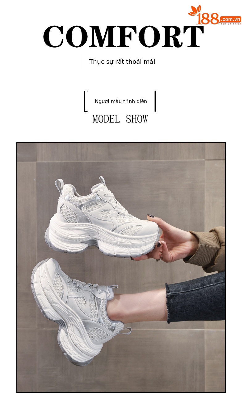 Giày sneaker nữ chunky đế dày lưới thoáng khí, đế bánh xốp mềm, tăng chiều cao nhẹ — Màu xám trắng chi tiết 11