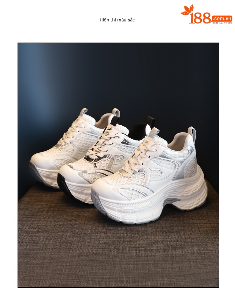 Giày sneaker nữ chunky đế dày lưới thoáng khí, đế bánh xốp mềm, tăng chiều cao nhẹ — Màu xám trắng chi tiết 18