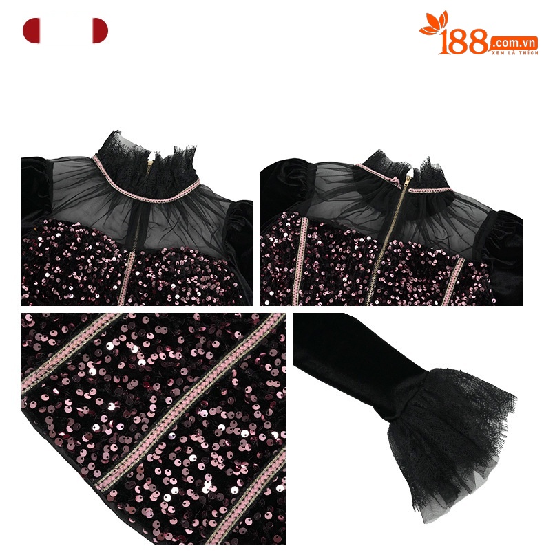 Áo len cổ lọ nữ tay dài đính sequin lưới xuyên thấu dáng ôm — bột màu đen chi tiết 1