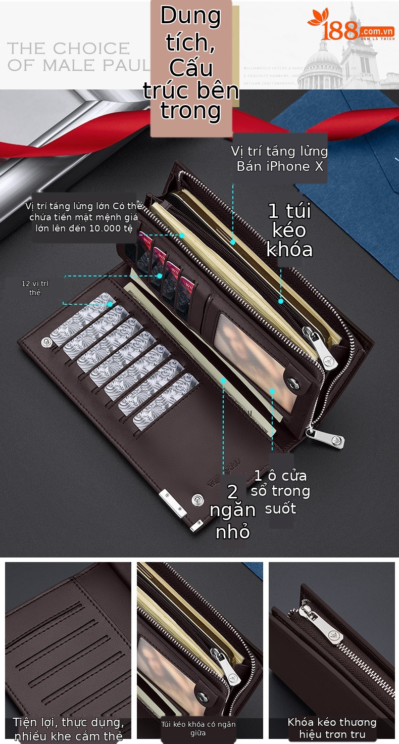 Ví da nam dáng dài đa năng nhiều khe thẻ cầm tay doanh nhân chi tiết 5