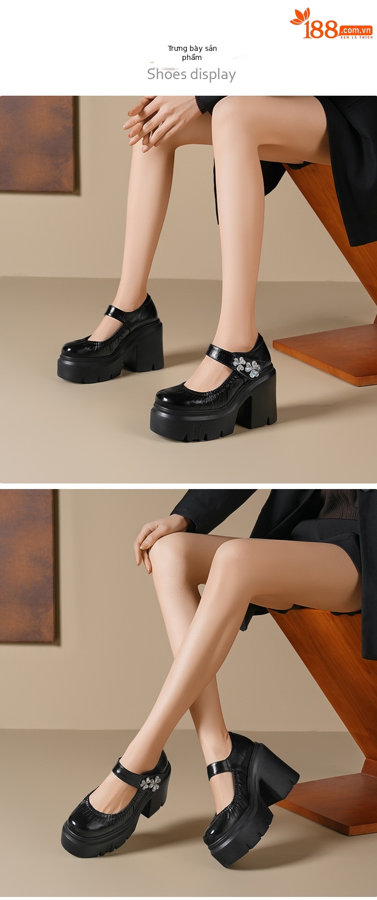 Giày cao gót nữ đế xuồng platform gót 12 cm da thật — Màu đen chi tiết 7