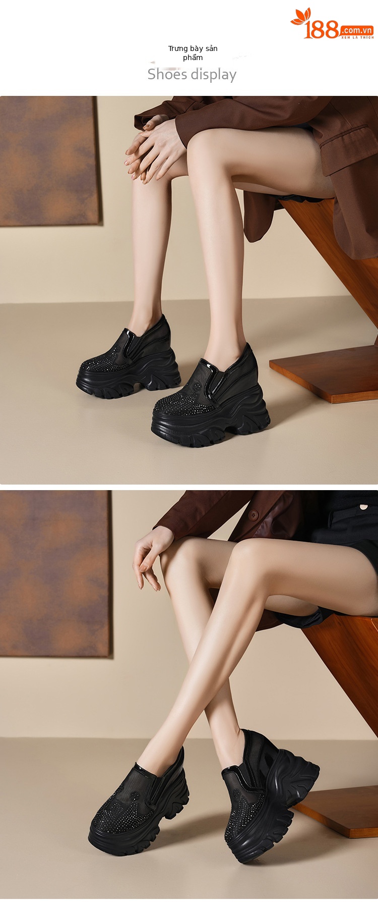 Giày sneaker platform nữ đế dày 12cm, lưới thoáng khí, phong cách loafer lỗ xỏ — Màu đen chi tiết 1