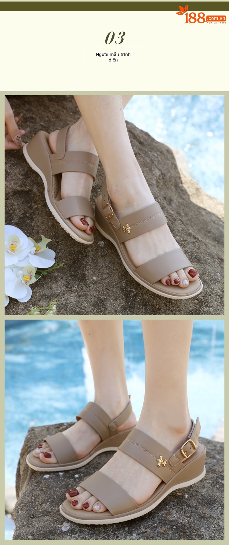 Dép sandal nữ xỏ ngón quai khóa mùa hè đế xuồng — Màu nâu, Màu đen, Màu kaki chi tiết 4