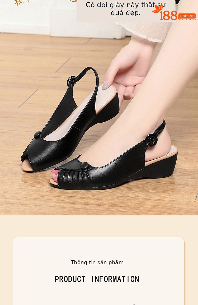 Sandal nữ quai ngang da thật gót dốc miệng cá — Màu đen chi tiết 5