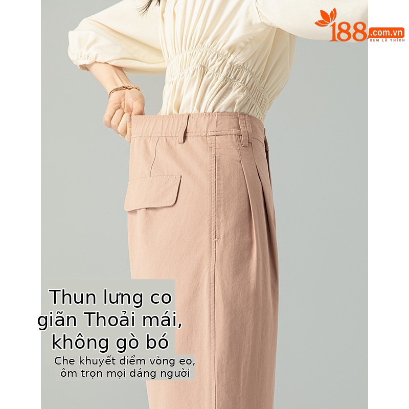 Quần ống rộng nữ vải Tencel cotton mỏng mùa xuân hè, dáng suông thon gọn ống thẳng — Màu kaki