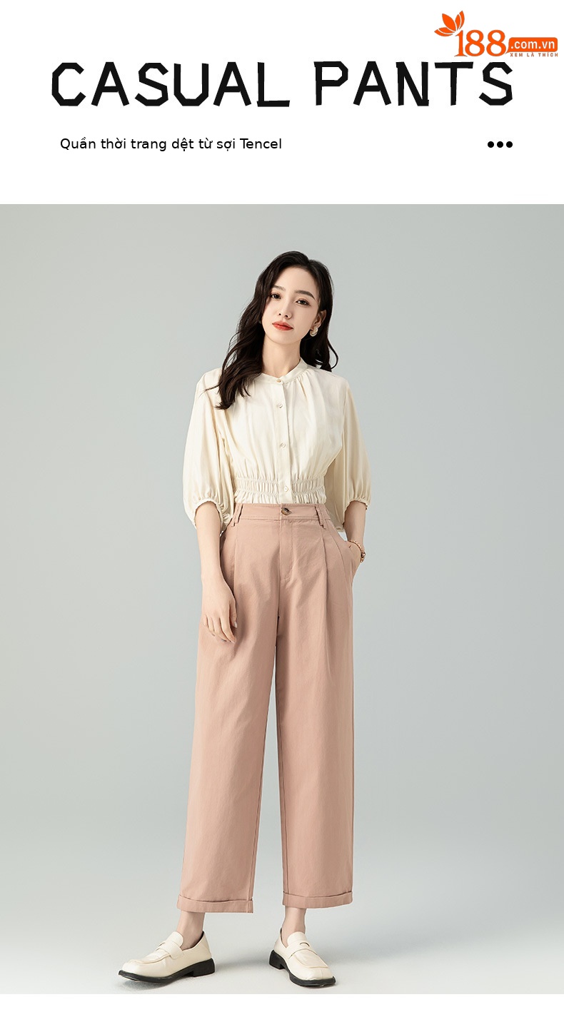 Quần ống rộng nữ vải Tencel cotton mỏng mùa xuân hè, dáng suông thon gọn ống thẳng — Màu kaki chi tiết 1