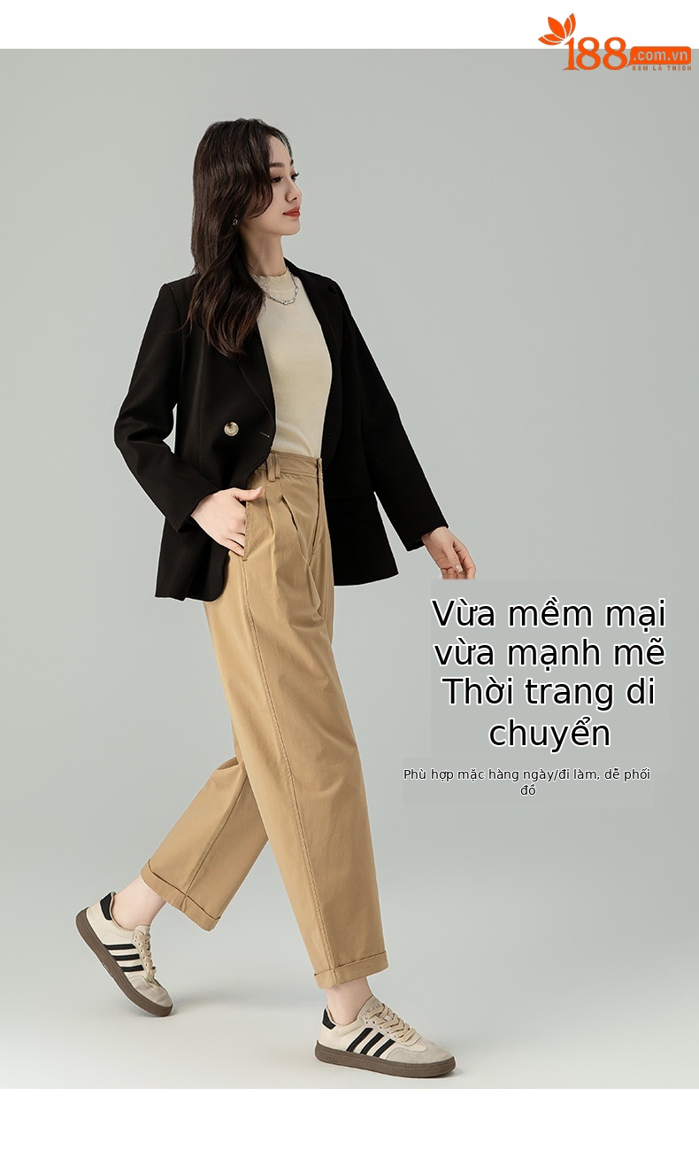 Quần ống rộng nữ vải Tencel cotton mỏng mùa xuân hè, dáng suông thon gọn ống thẳng — Màu kaki chi tiết 13