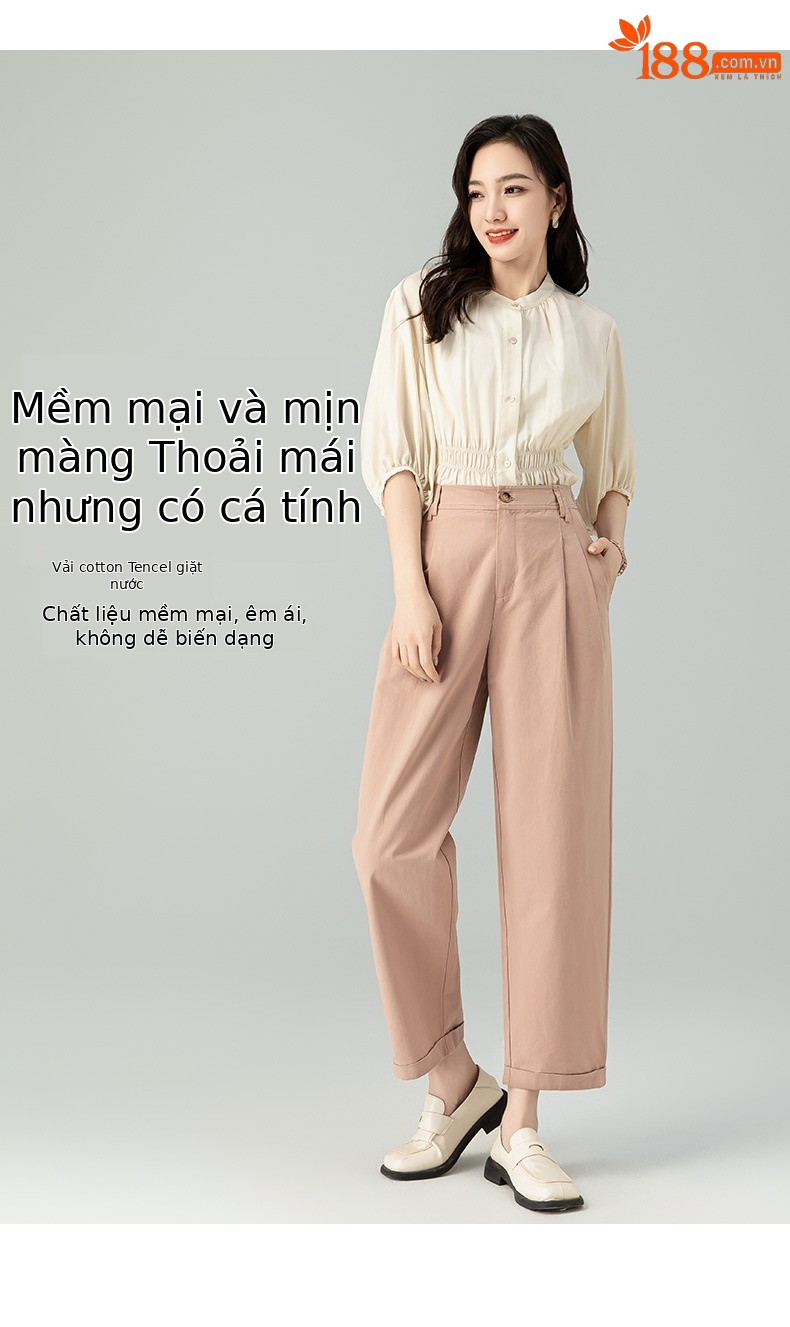 Quần ống rộng nữ vải Tencel cotton mỏng mùa xuân hè, dáng suông thon gọn ống thẳng — Màu kaki chi tiết 14