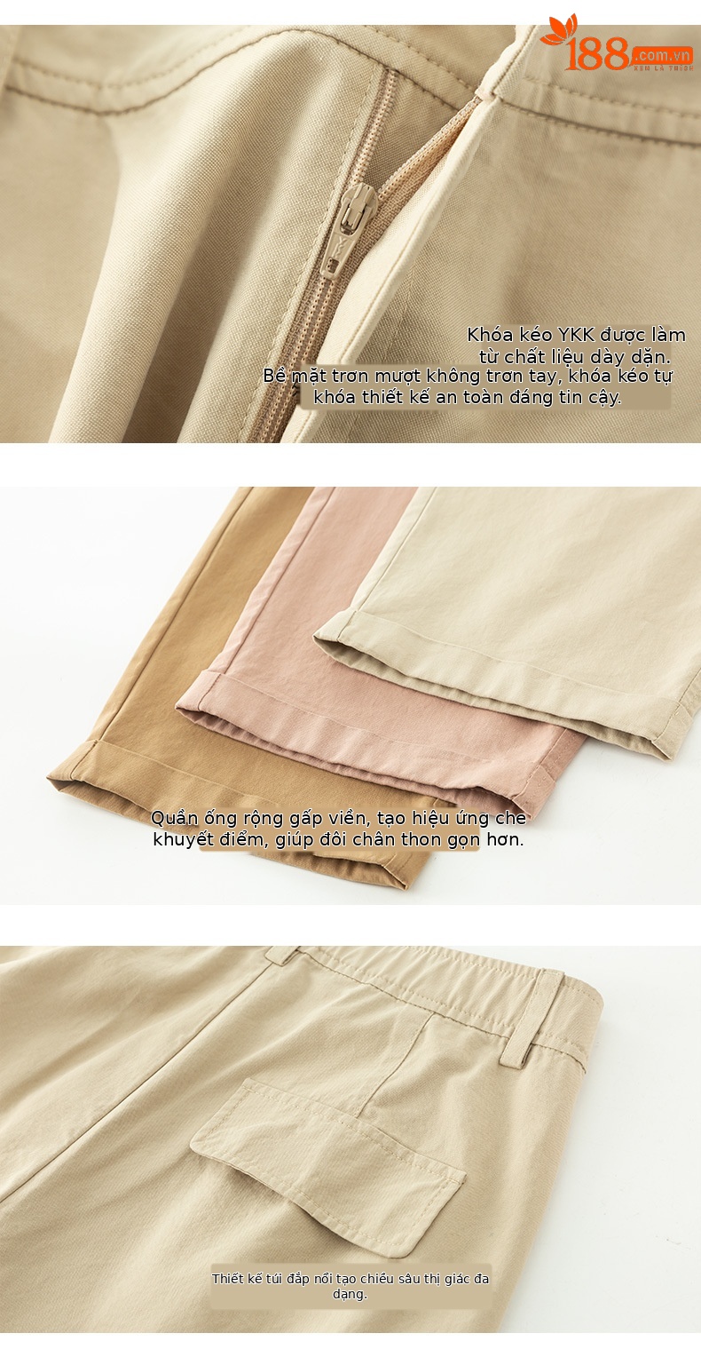 Quần ống rộng nữ vải Tencel cotton mỏng mùa xuân hè, dáng suông thon gọn ống thẳng — Màu kaki chi tiết 17