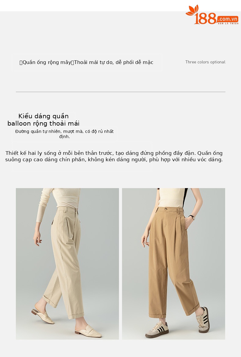 Quần ống rộng nữ vải Tencel cotton mỏng mùa xuân hè, dáng suông thon gọn ống thẳng — Màu kaki chi tiết 2