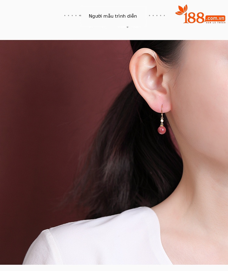 Bông tai móc bạc S925 hạt tròn Cinnabar phong cách cổ điển Trung Hoa — Một cặp chi tiết 5