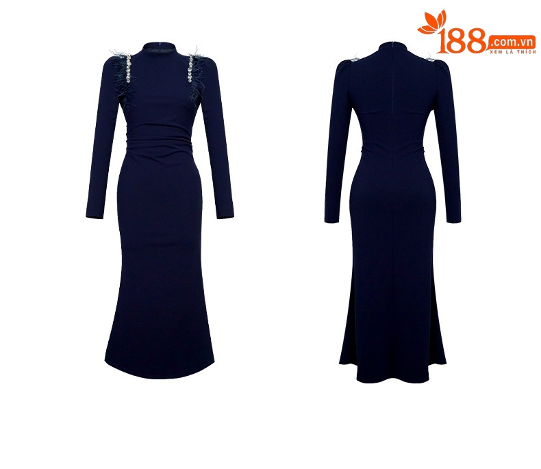 Đầm ôm body nữ cổ đứng eo ôm dáng dài — Xanh navy chi tiết 3