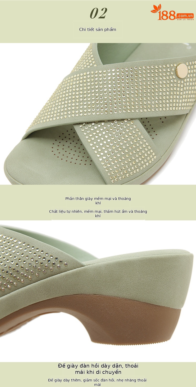 Sandal cao gót nữ hở mũi đính đá gót dốc chống trượt đi làm 2025 — Màu đen, Màu xanh lá, Màu mơ chi tiết 2
