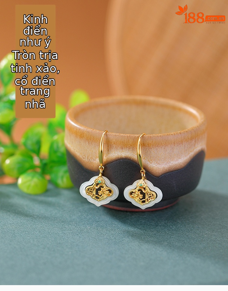 Bông tai hoa sen bạc S925 mạ vàng đính ngọc Hetian phong cách dân tộc — Mẫu tách màu mạ chi tiết 2