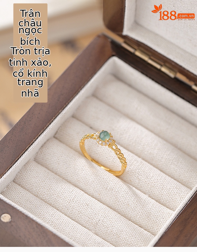 Nhẫn bạc S925 mạ vàng đính ngọc bích nước xanh hạt tròn xoắn phong cách instagram — Kiểu màu bạc chi tiết 1