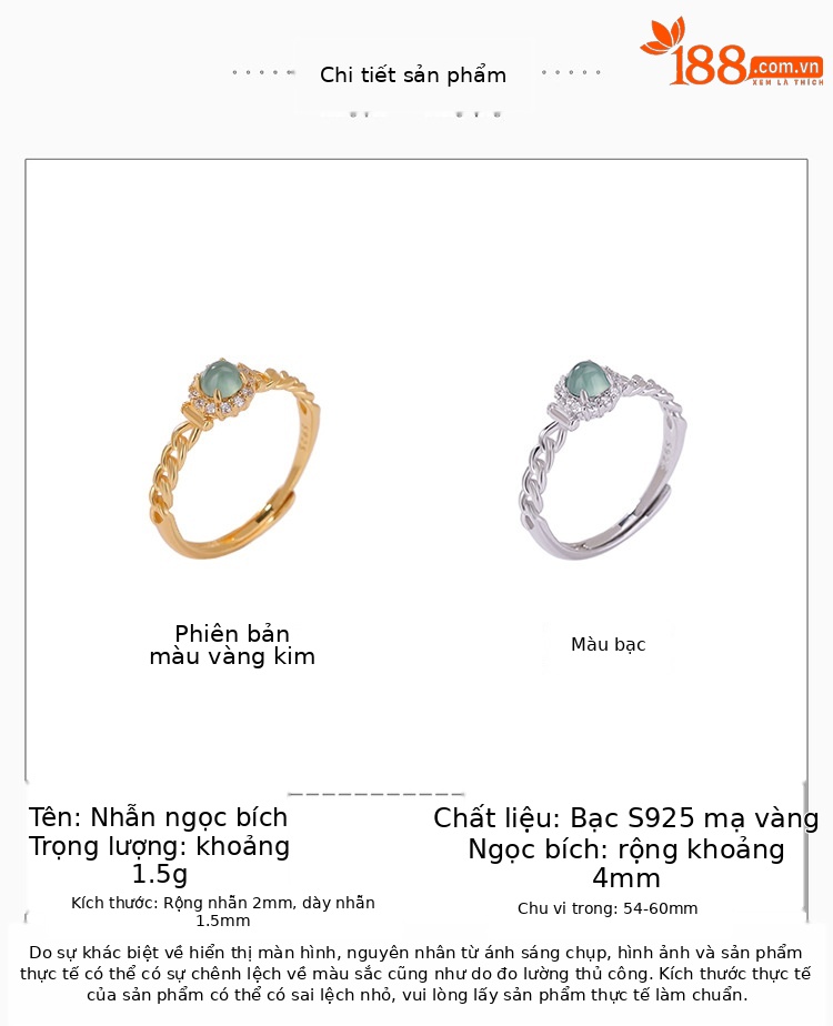 Nhẫn bạc S925 mạ vàng đính ngọc bích nước xanh hạt tròn xoắn phong cách instagram — Kiểu màu bạc chi tiết 2