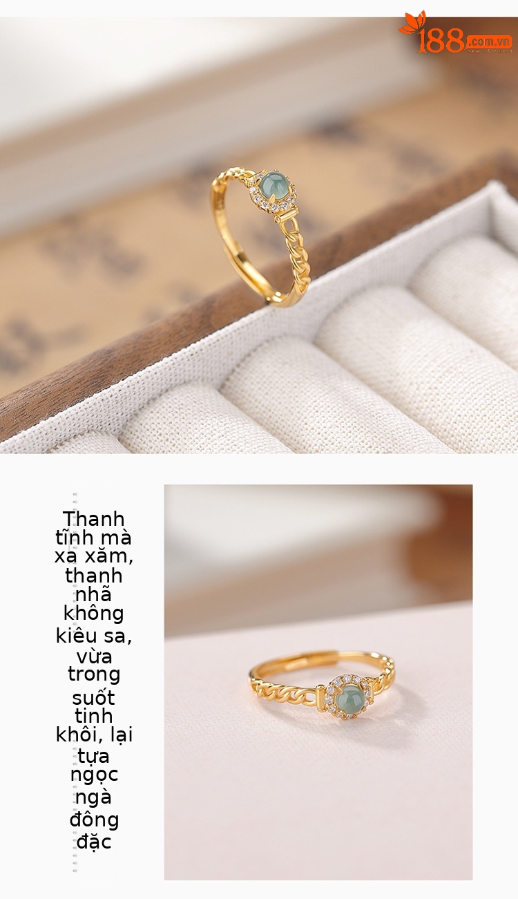 Nhẫn bạc S925 mạ vàng đính ngọc bích nước xanh hạt tròn xoắn phong cách instagram — Kiểu màu bạc chi tiết 3