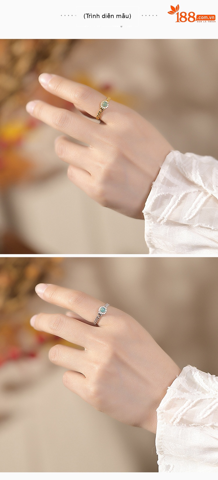 Nhẫn bạc S925 mạ vàng đính ngọc bích nước xanh hạt tròn xoắn phong cách instagram — Kiểu màu bạc chi tiết 7