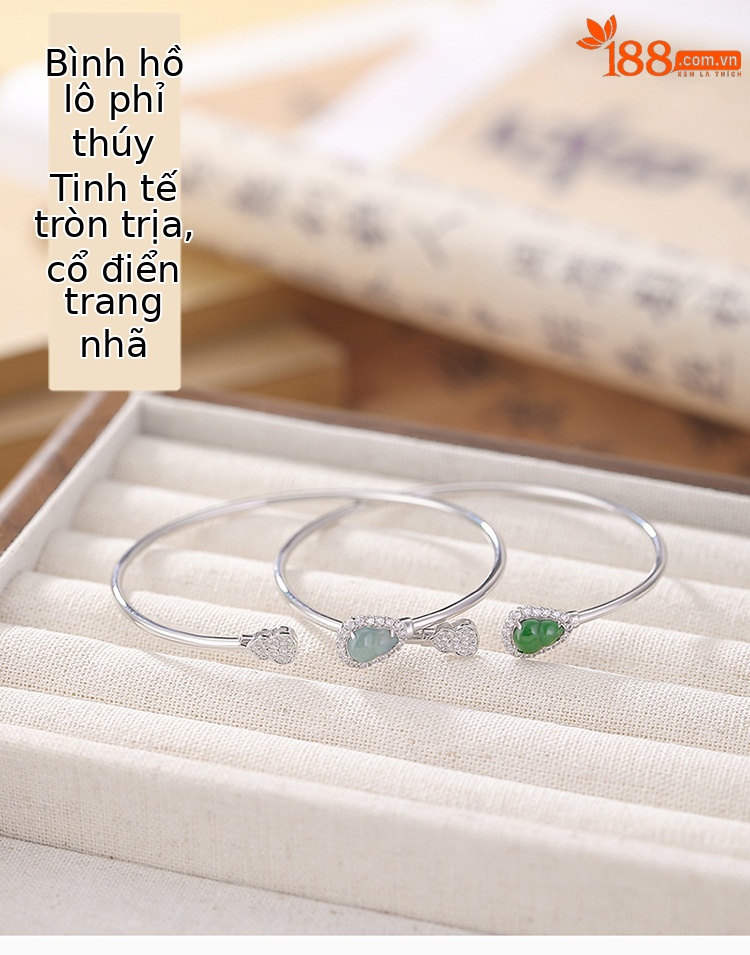 Vòng tay bạc S925 đính ngọc bích nước xanh phong cách Trung Quốc cổ điển họa tiết Fulu Bầu mở đơn giản — Mẫu ngọc bích nước xanh chi tiết 1