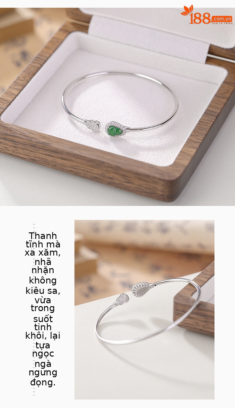 Vòng tay bạc S925 đính ngọc bích nước xanh phong cách Trung Quốc cổ điển họa tiết Fulu Bầu mở đơn giản — Mẫu ngọc bích nước xanh chi tiết 3