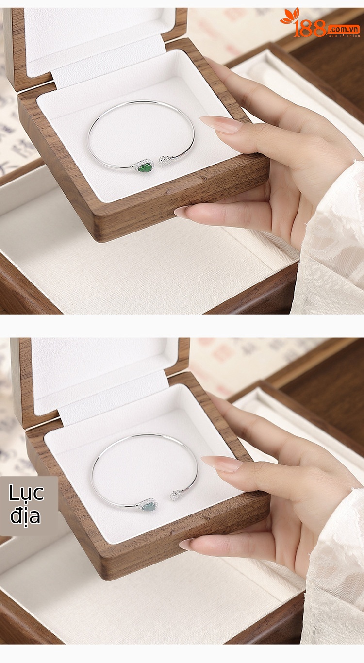 Vòng tay bạc S925 đính ngọc bích nước xanh phong cách Trung Quốc cổ điển họa tiết Fulu Bầu mở đơn giản — Mẫu ngọc bích nước xanh chi tiết 5