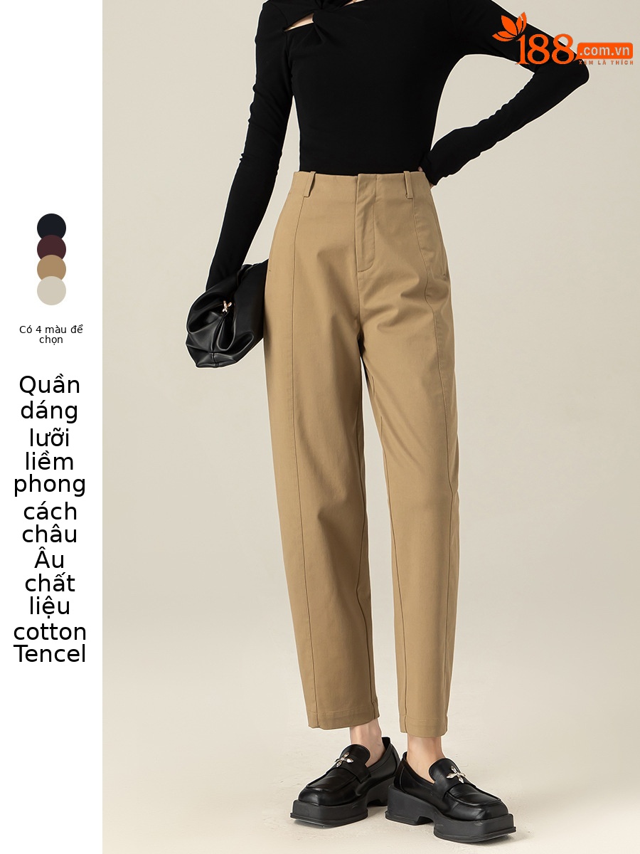 Quần harem nữ ống rộng lưng cao dài 9 phần chất liệu cotton Tencel — Màu xám be