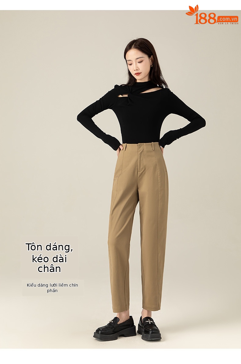 Quần harem nữ ống rộng lưng cao dài 9 phần chất liệu cotton Tencel — Màu xám be chi tiết 12