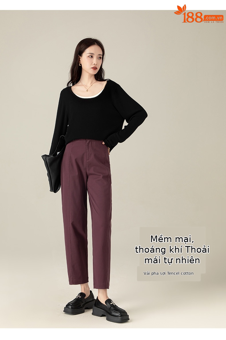 Quần harem nữ ống rộng lưng cao dài 9 phần chất liệu cotton Tencel — Màu xám be chi tiết 15