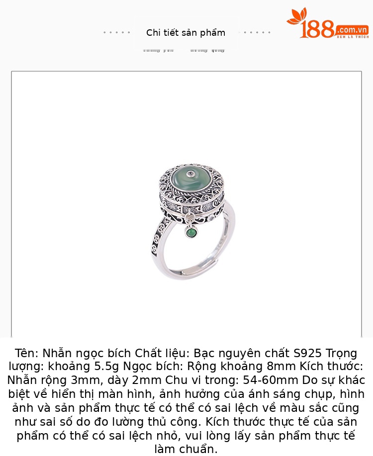Nhẫn bạc S925 đính ngọc bích xanh phong cách retro dân tộc — Bạc 925 chi tiết 2