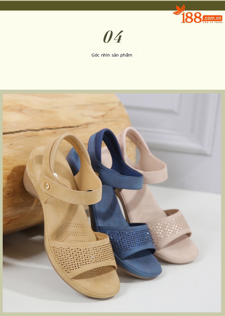 Dép sandal nữ đế xuồng đính đá đi biển chống trượt — Màu camel, Màu hồng, Màu xanh ngọc chi tiết 12