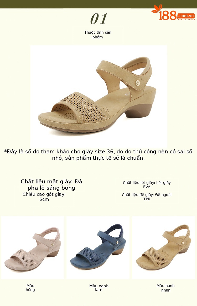 Dép sandal nữ đế xuồng đính đá đi biển chống trượt — Màu camel, Màu hồng, Màu xanh ngọc chi tiết 1