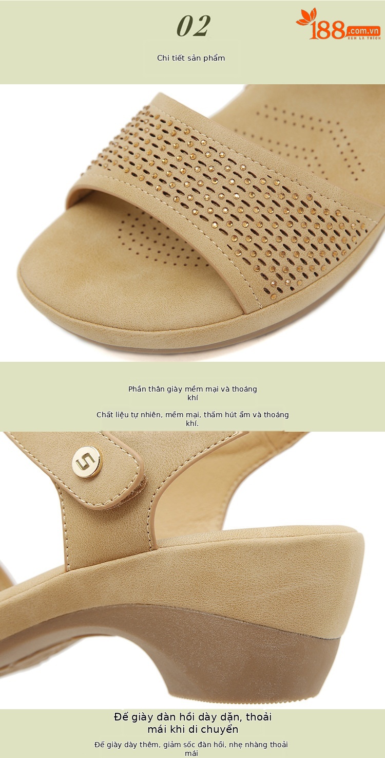 Dép sandal nữ đế xuồng đính đá đi biển chống trượt — Màu camel, Màu hồng, Màu xanh ngọc chi tiết 2