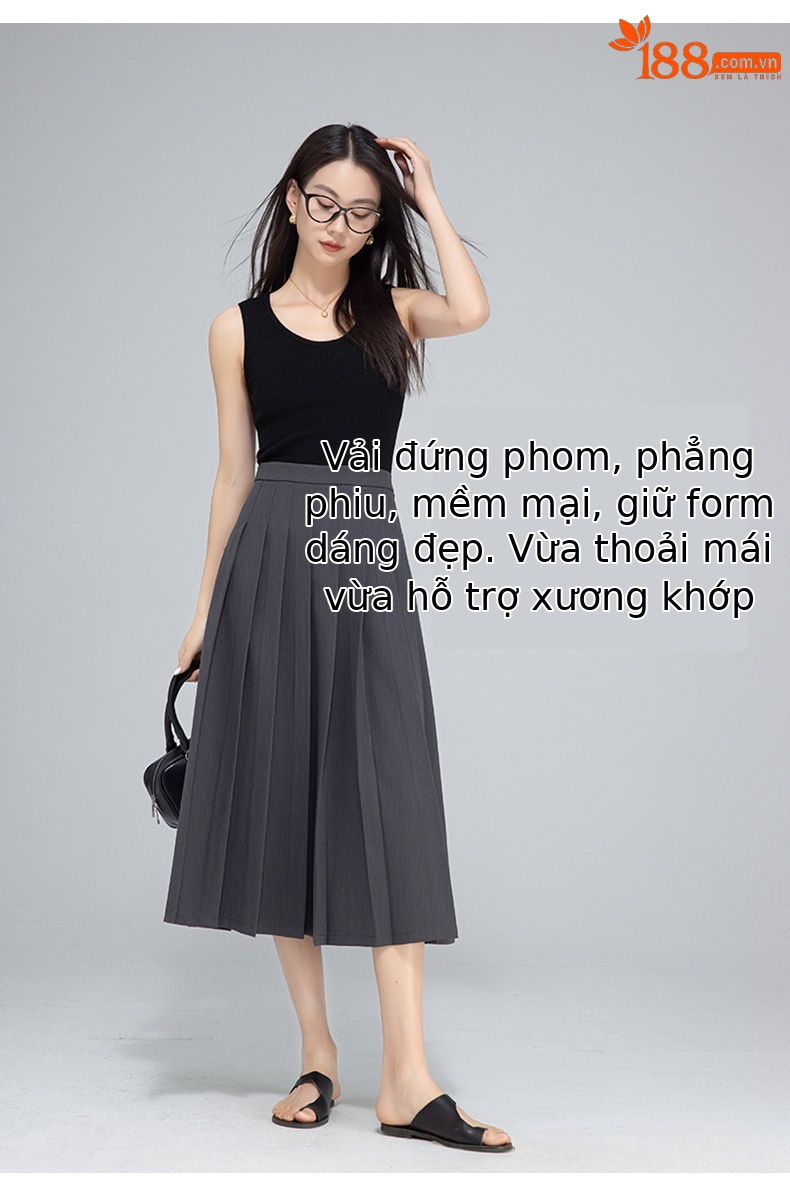 Chân váy xếp ly dáng dài phong cách trí thức nữ tính — Màu đen chi tiết 12