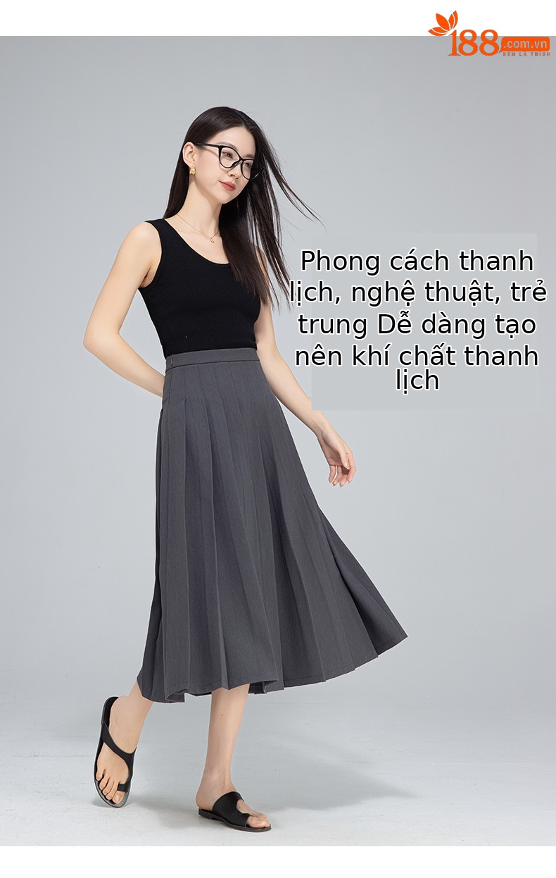 Chân váy xếp ly dáng dài phong cách trí thức nữ tính — Màu đen chi tiết 14