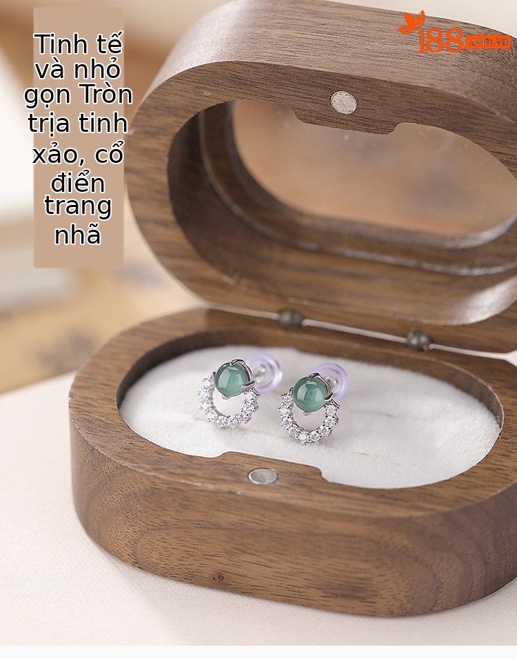 Bông tai bạc S925 đính đá ngọc bích xanh dạng hạt tròn phong cách đơn giản — Một cặp chi tiết 1
