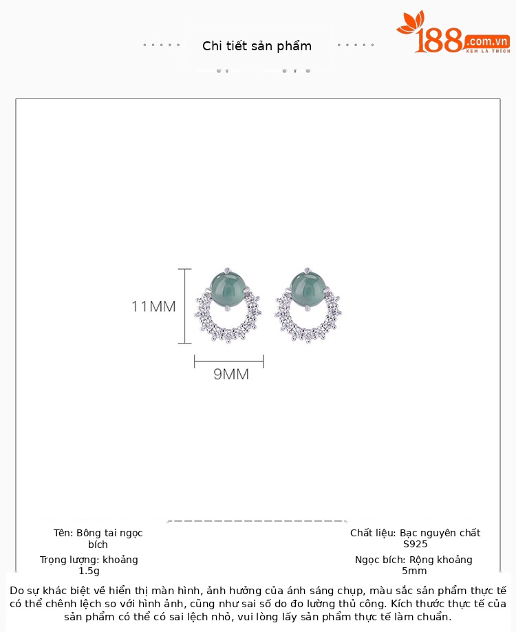 Bông tai bạc S925 đính đá ngọc bích xanh dạng hạt tròn phong cách đơn giản — Một cặp chi tiết 2