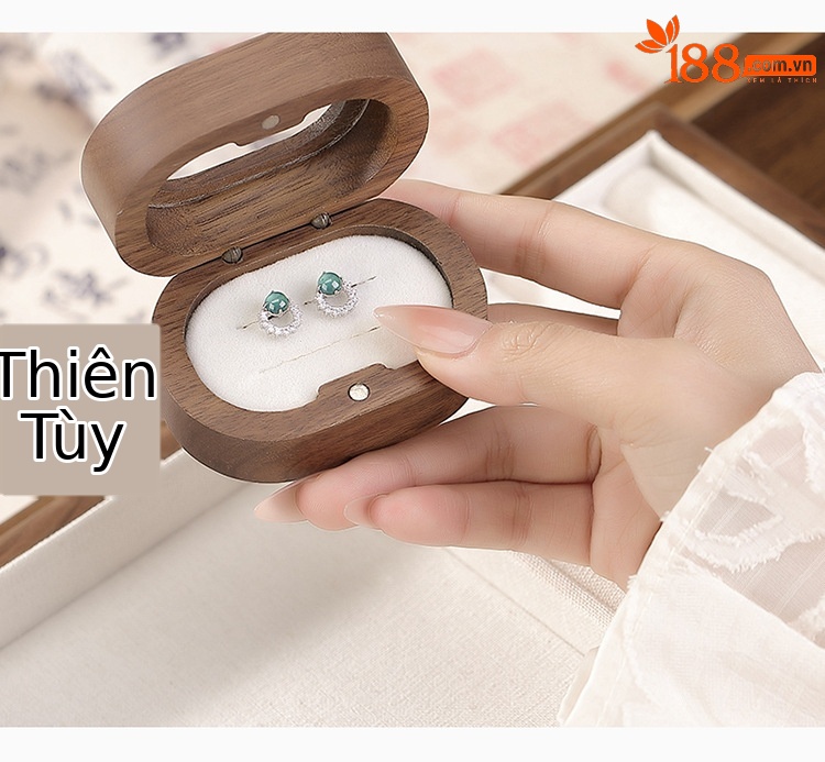 Bông tai bạc S925 đính đá ngọc bích xanh dạng hạt tròn phong cách đơn giản — Một cặp chi tiết 3
