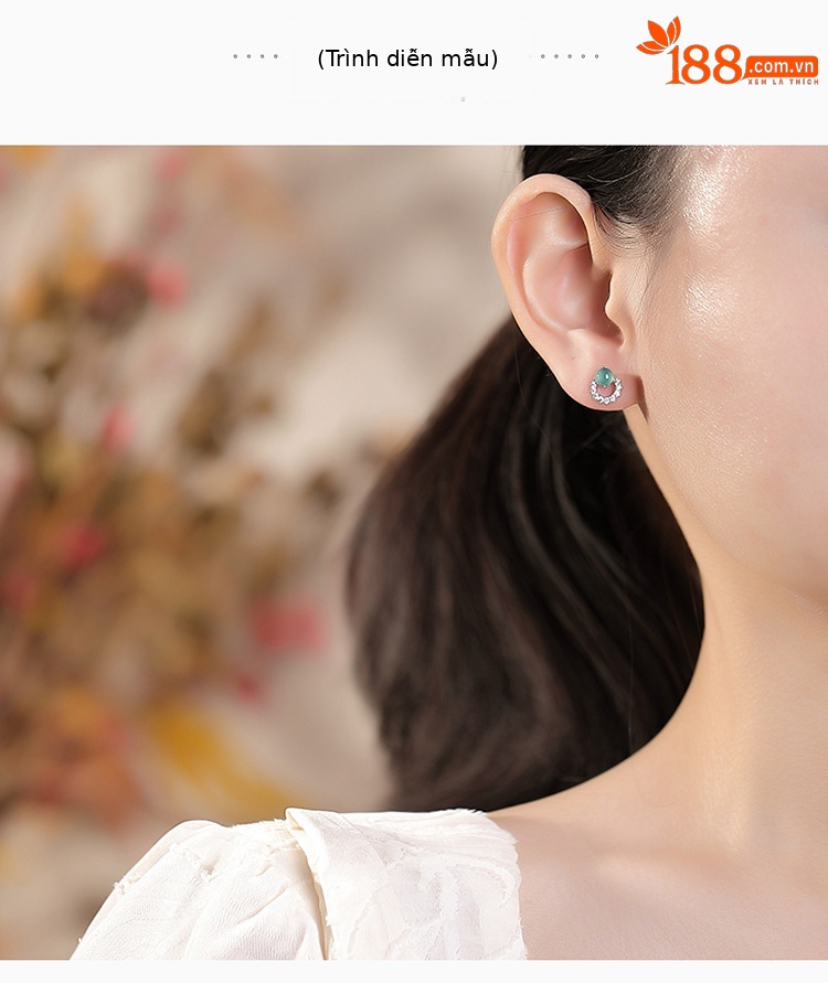 Bông tai bạc S925 đính đá ngọc bích xanh dạng hạt tròn phong cách đơn giản — Một cặp chi tiết 4