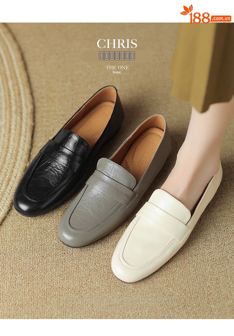 Giày lười nữ mũi tròn đế thấp da mềm phong cách casual — Màu đen chi tiết 10